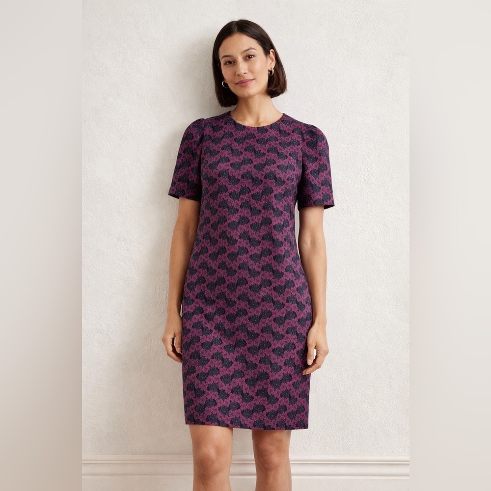 Boden Floral Jacquard Shift Dress | Plum & black Short Sleeve size 8
